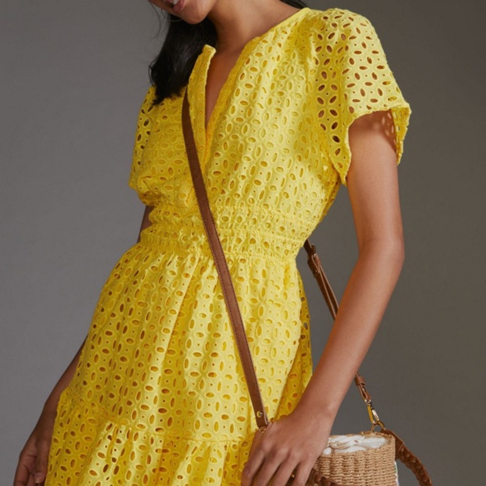 Anthropologie Yellow V-Neck Flutter Sleeve Mini Dress
